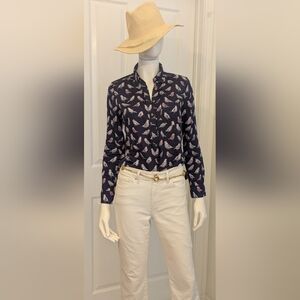 GAP Navy Pink  Bird Print The Shrunken Boyfriend Button Up Xs 100% Cotton